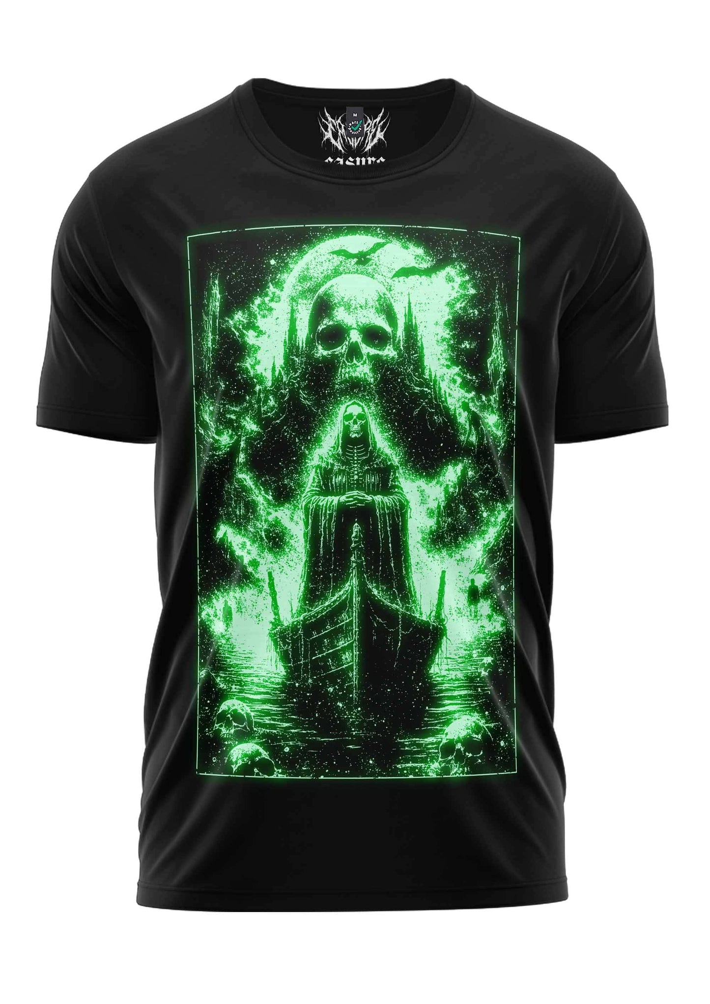 Schwarzes kurzarmshirt mit leuchtendem grünen grafikdruck des skelettfahrers auf boot in gothic kleidung horror style
