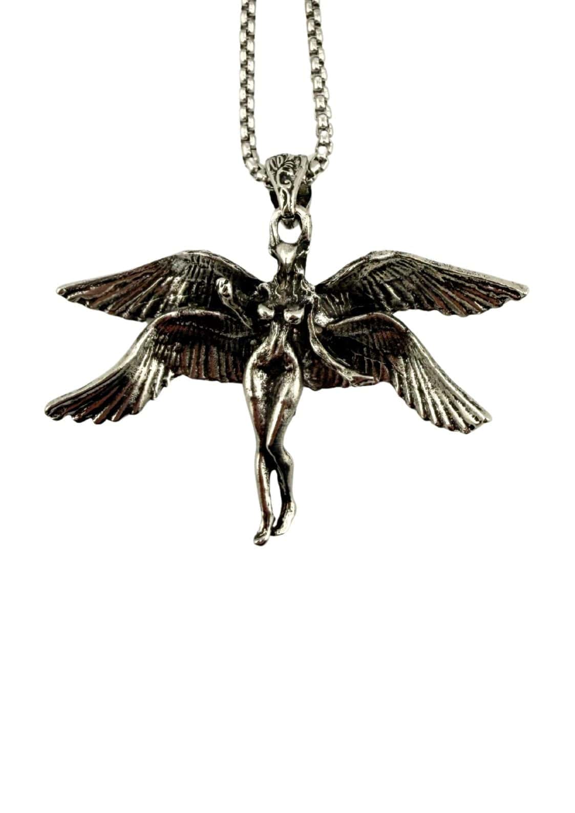Silberne the flying death halskette mit filigranen federn und schlanker figur gothic artikel erklären