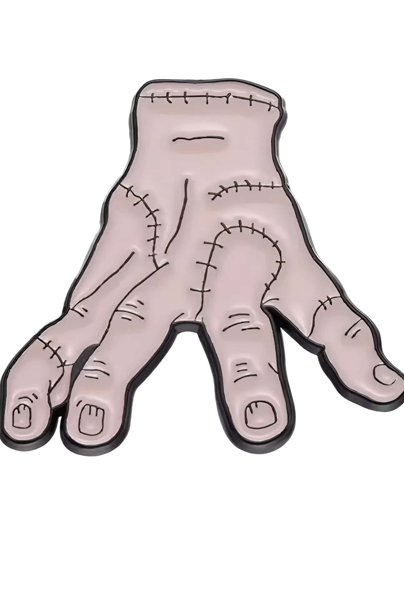 The hand pin in pink gothic horror style with detailed black stitched outline design