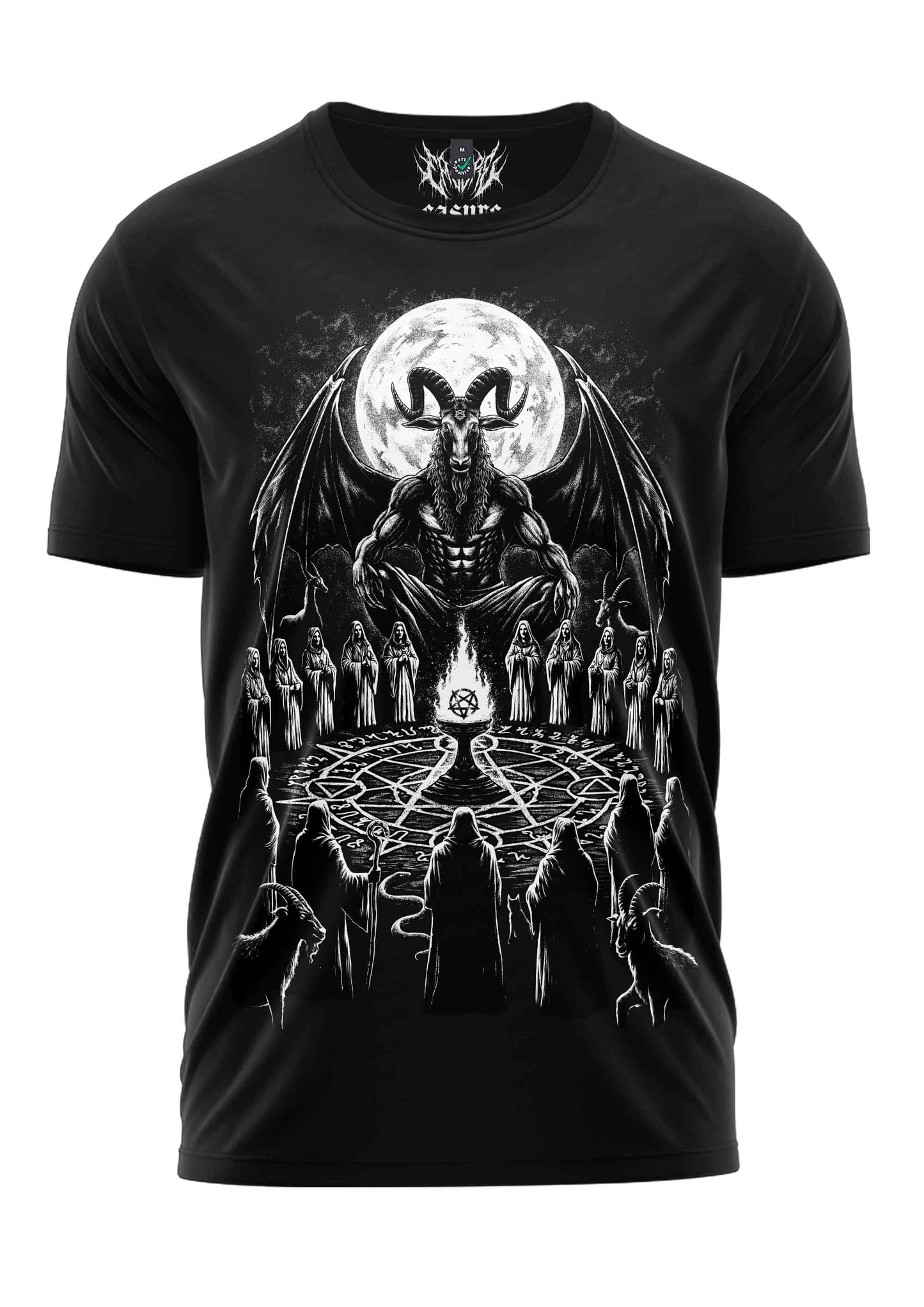 Black short-sleeved shirt the homage mit ausdrucksstarkes gothic grafik düstere Ästhetik verbinden und pentagramm
