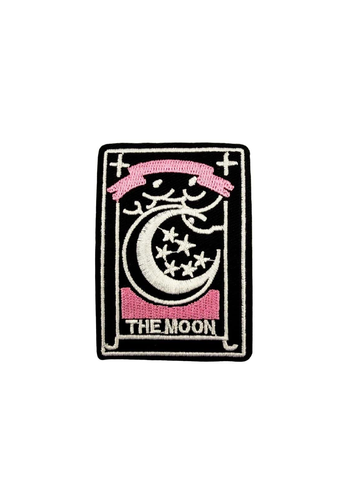 Schwarzer kunstvoller aufnäher the moon mit weißem mond und sternen, rosa bändern, der mystische note verleiht
