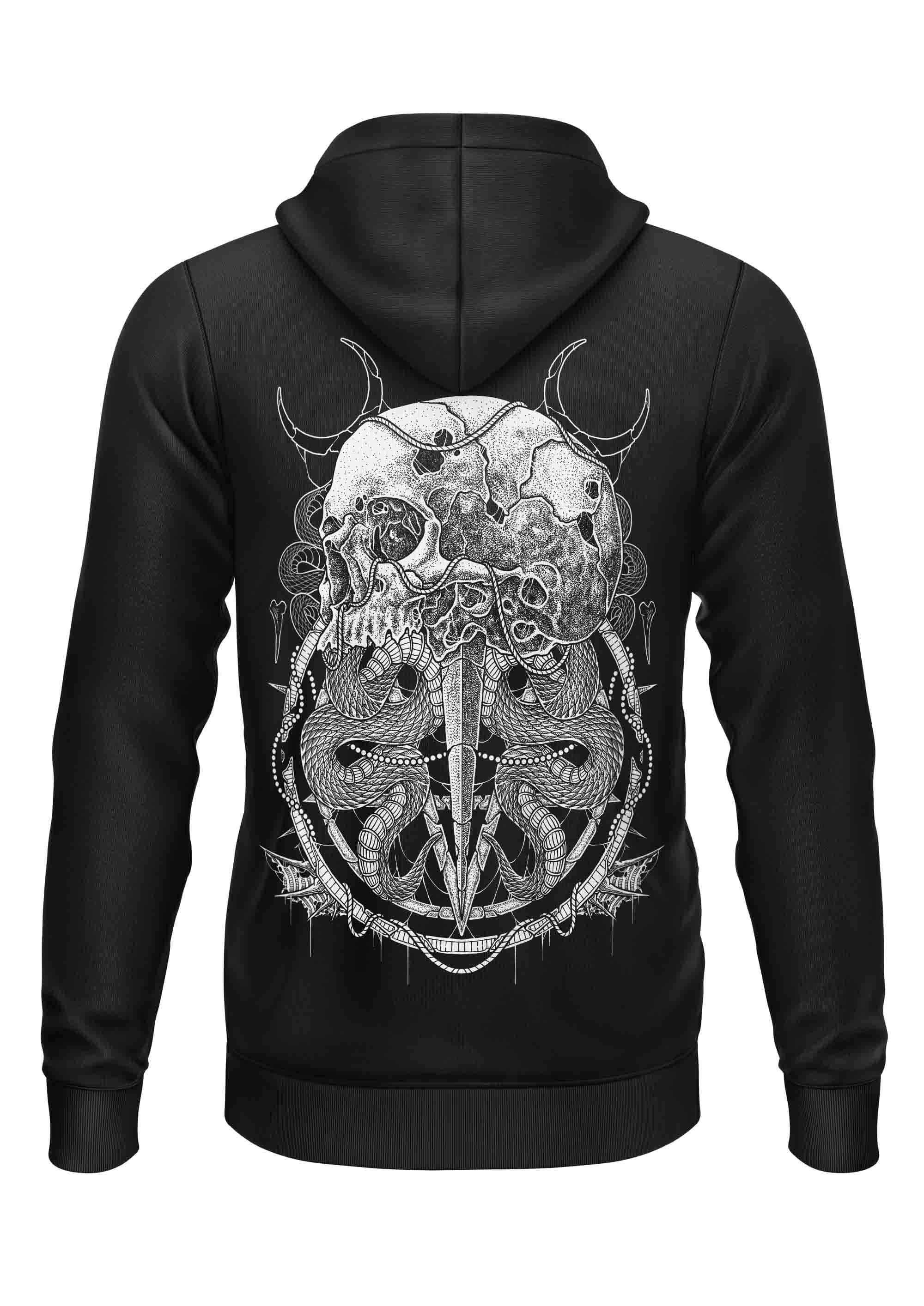 Schwarzer schwerer unisex hoodie mit weißem schädel mit hörnern und schlangen als rückseite gaia lizenzierte kleidung