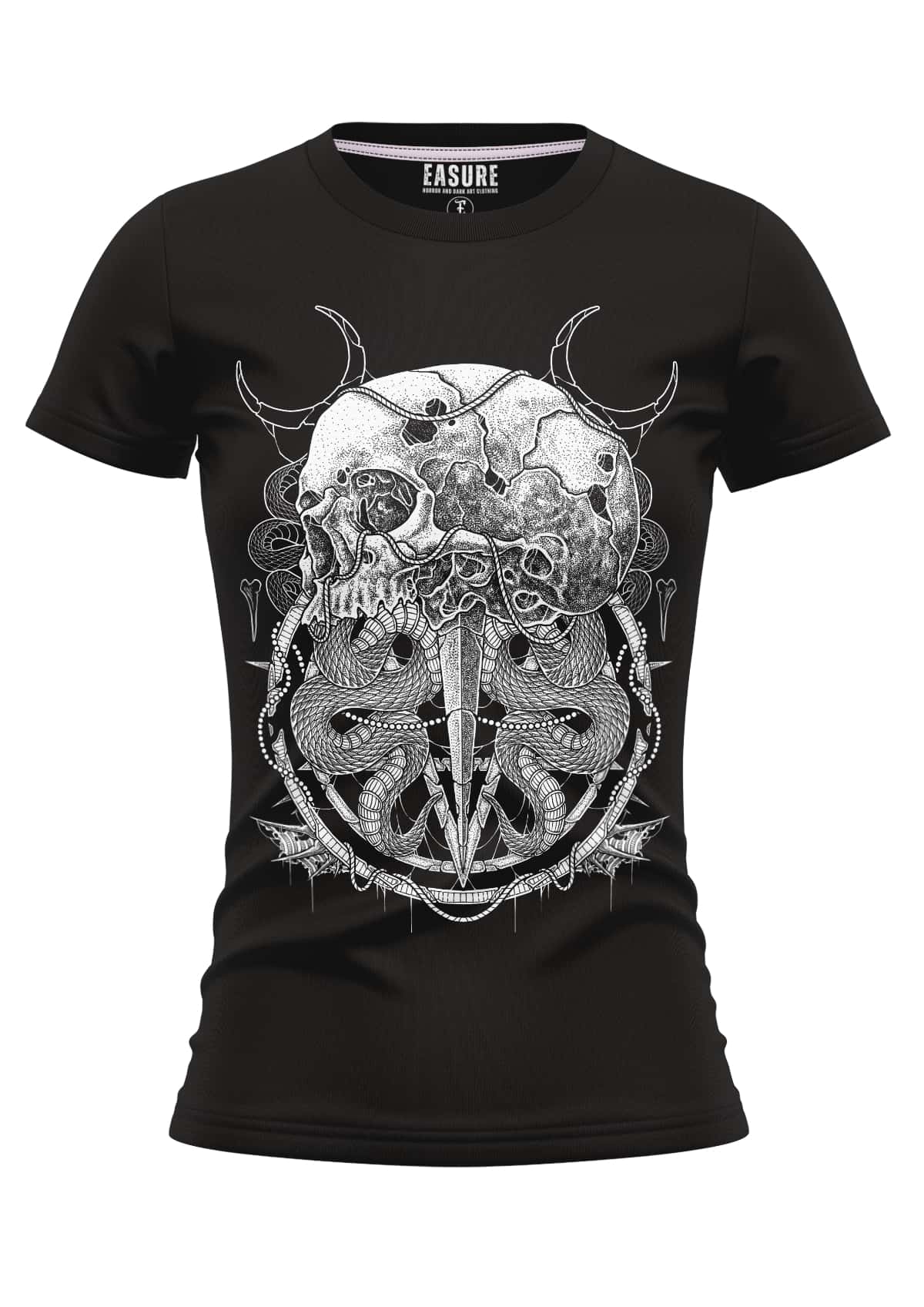 Black womens girlie shirt mit detailliertem weißen schädelmotiv mit hörnern und schlängeln in weicher qualität