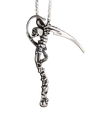 Silver skeleton scythe pendant with polished finish and intricate detailing from the tool of death halskette