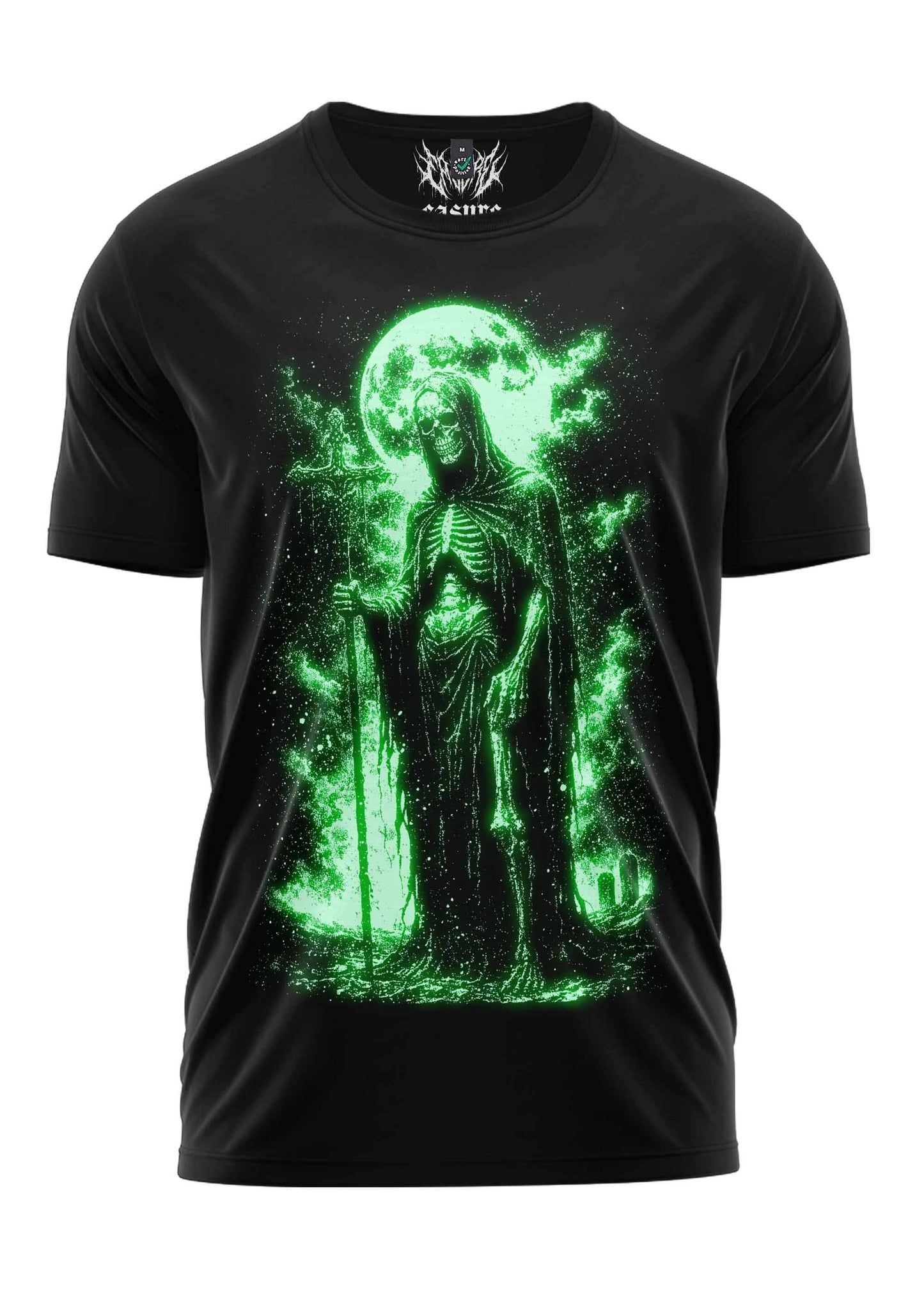 Schwarzes t-shirt the vanguard of death mit leuchtendem grünen grim reaper design vor vollmond für gothic horror mode