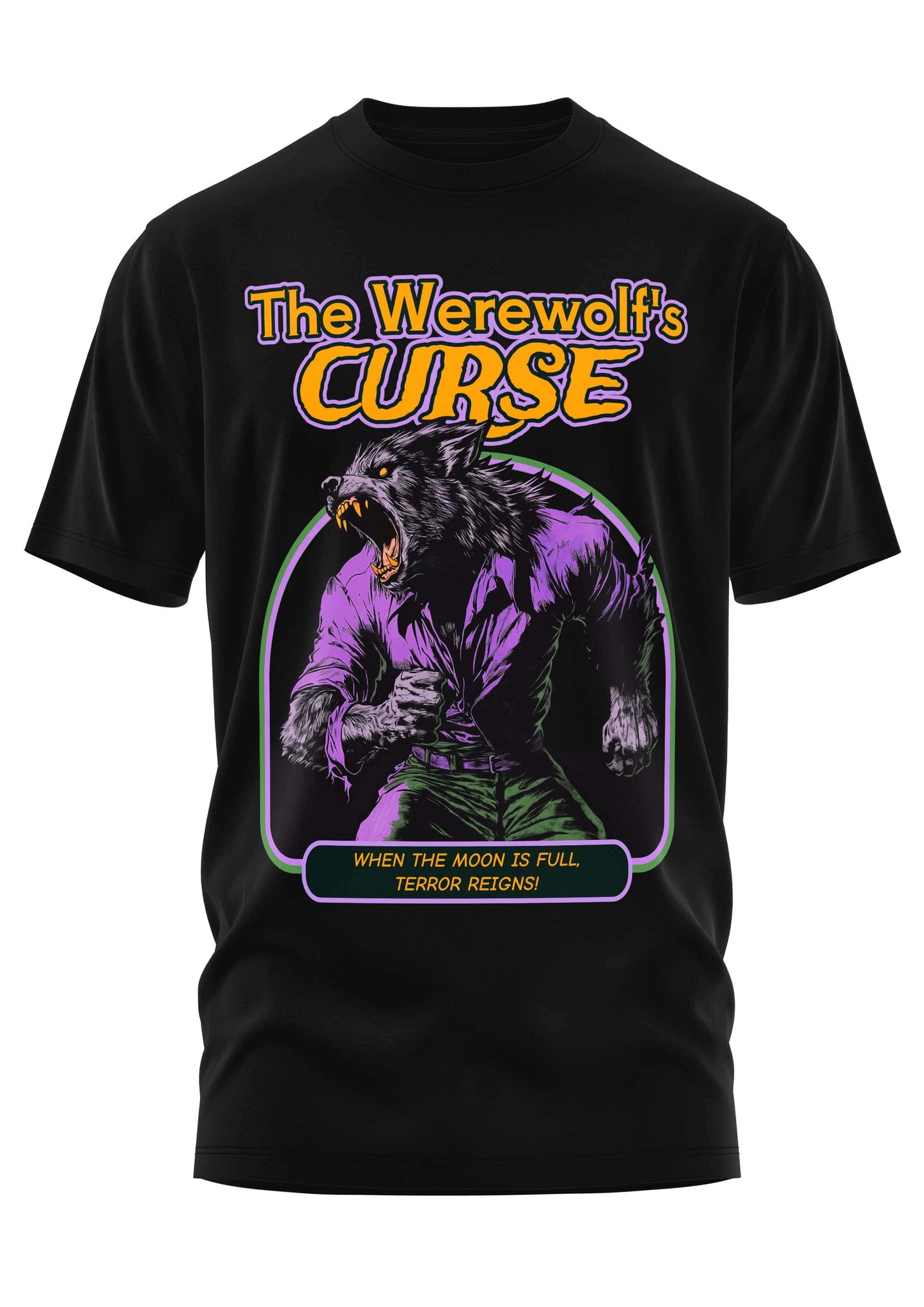 Schwarzes gothic horror kurzarmshirt mit vibrantem werewolf grafik in lila und grün und text the werewolfs curse