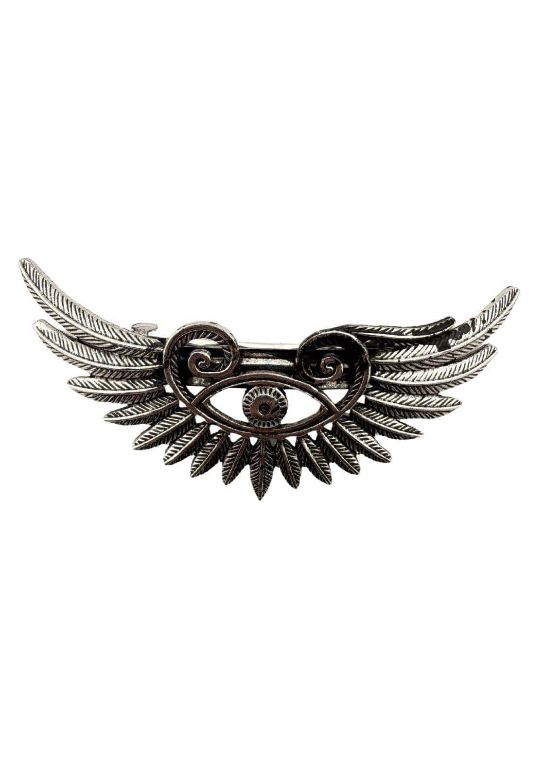 Silberne geflügelte Augenbrosche mit aufwendiger Federdetailzeichnung und zentralem Edelstein.