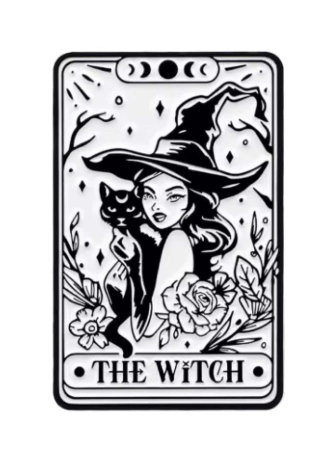 The witch pin featuring a gothic horror inspired design in dark tones for tarot card enthusiasts