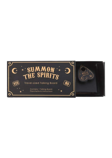 Black travel ouija board planchette with gold foil detailing and hello spirits inscription for travel ouija use