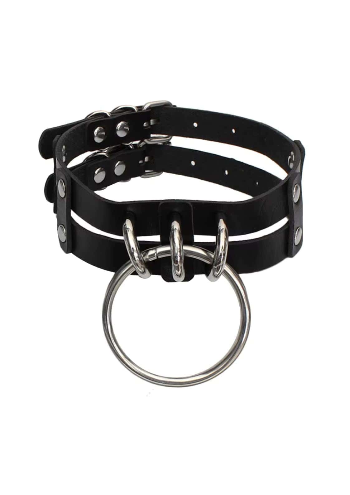 Schwarzes lederhalsband triple o ring mit metallringen und nieten im gothic bdsm horror stil