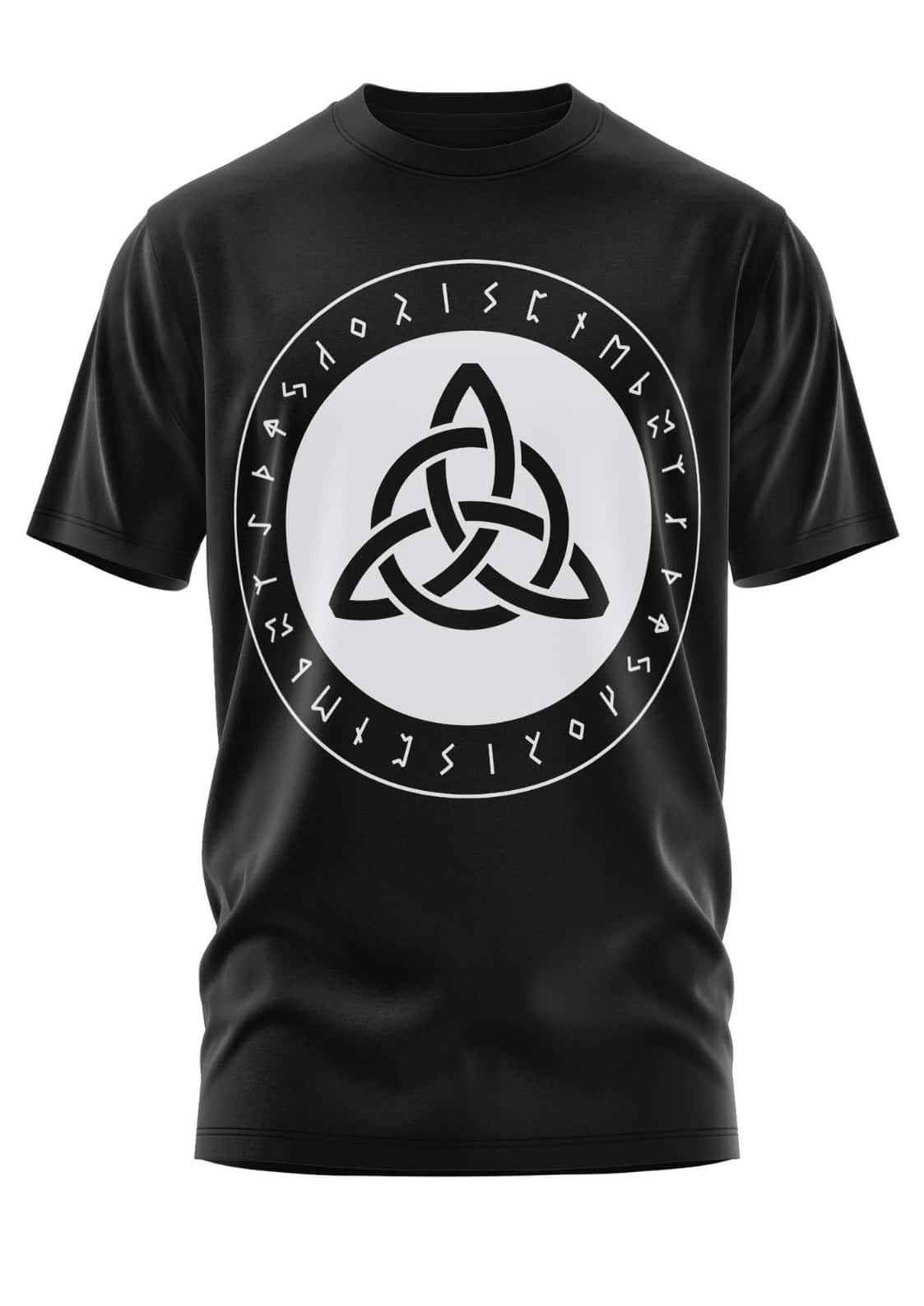 Schwarzes kurzarmshirt mit weißem triquetra symbol und runen im gothic horror stile bitte design