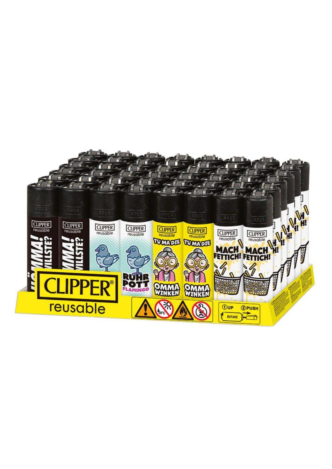 Ein pack bunter, nachfüllbarer clipper feuerzeuge mit schwarzen kapseln und spielerischen cartoonmotiven für gothic und horror fans
