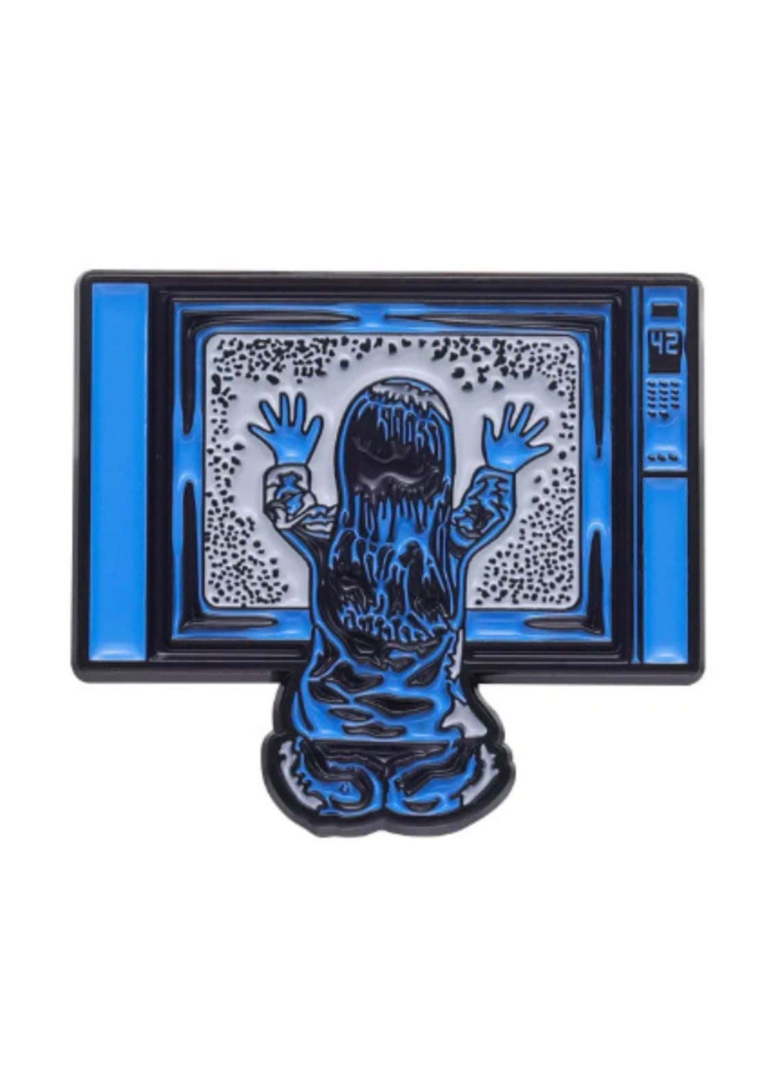 Blauer horror film tv pin mit bat pentagramm design in gothic stil ideal für horror fans