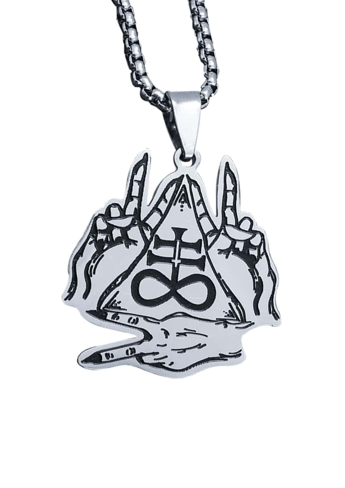 Silberne two finger halskette mit gothic design aus zwei händen und okkulten symbolen im dreieck