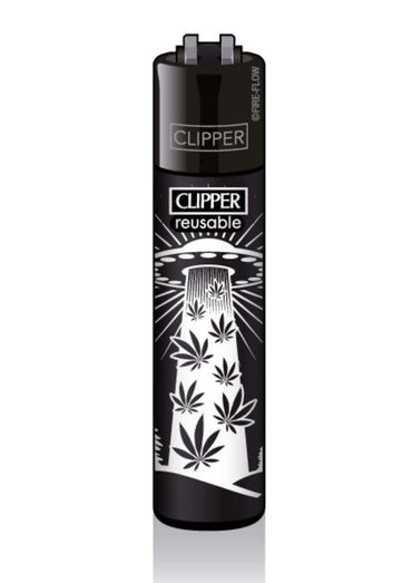 Schwarzes clipper feuerzeug nachfüllbar mit weißem ufo und cannabisblatt design modell ufo 420