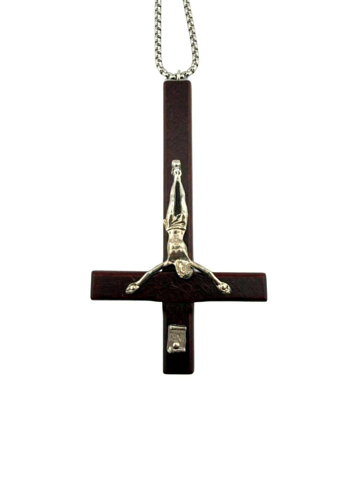 Dark wood crucifix pendant with silver toned jesus figure on chain in ultimate antichrist gothic halskette artikel erklären