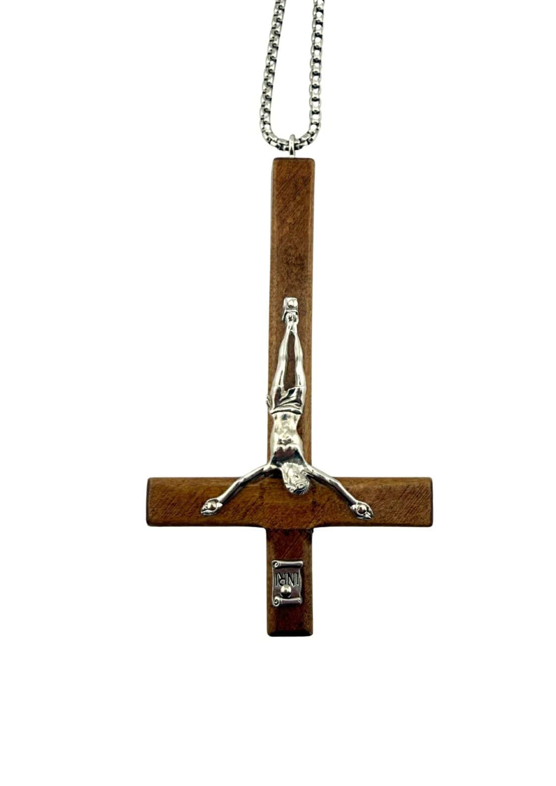 Holz hängerkette ultimate antichrist lichtbraun mit silbernem kreuz und kette als antichrist halskette