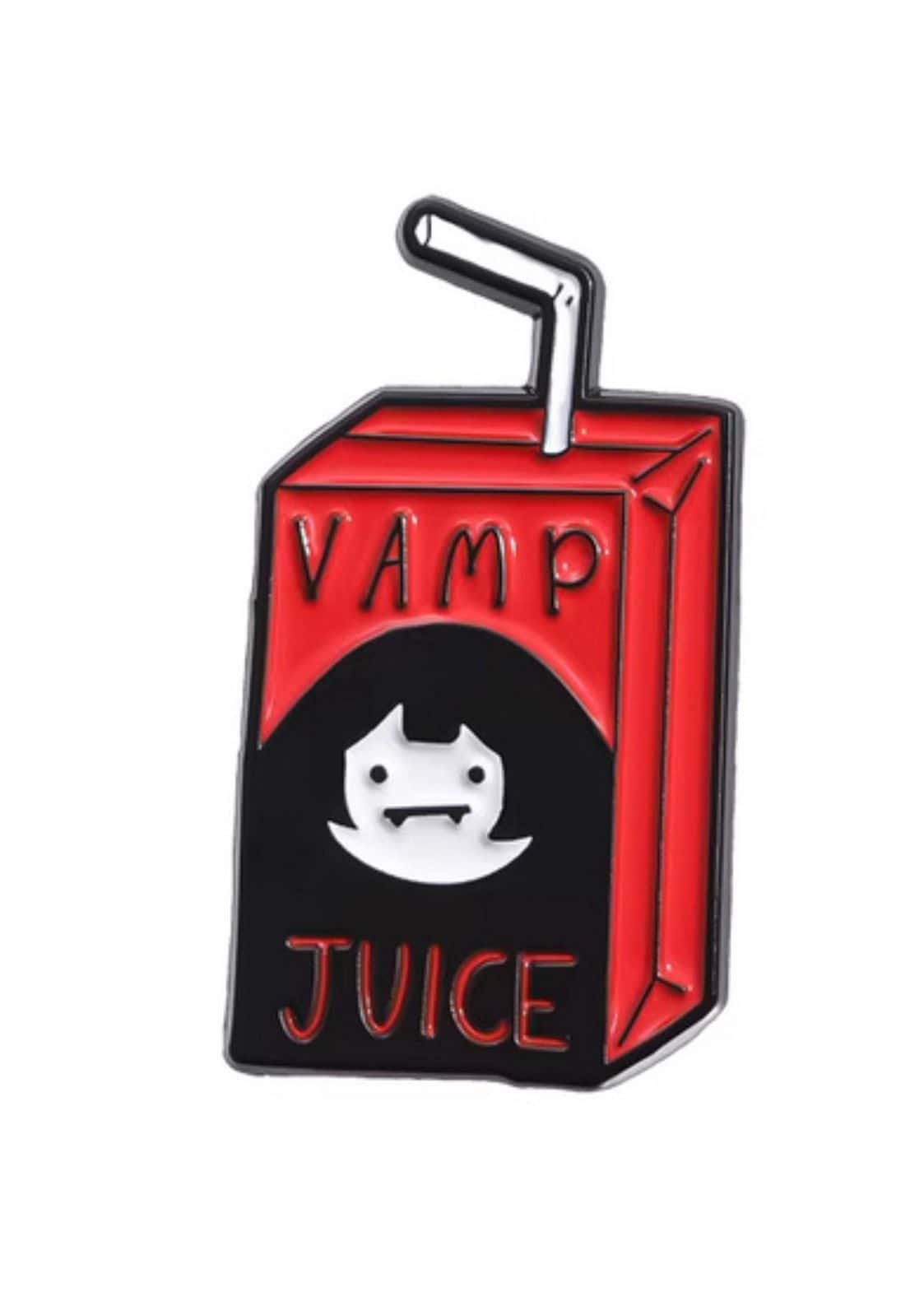 Vamp juice gothic juice box pin mit schwarzem und rotem design und gespenstmotiv vorne in horror stil