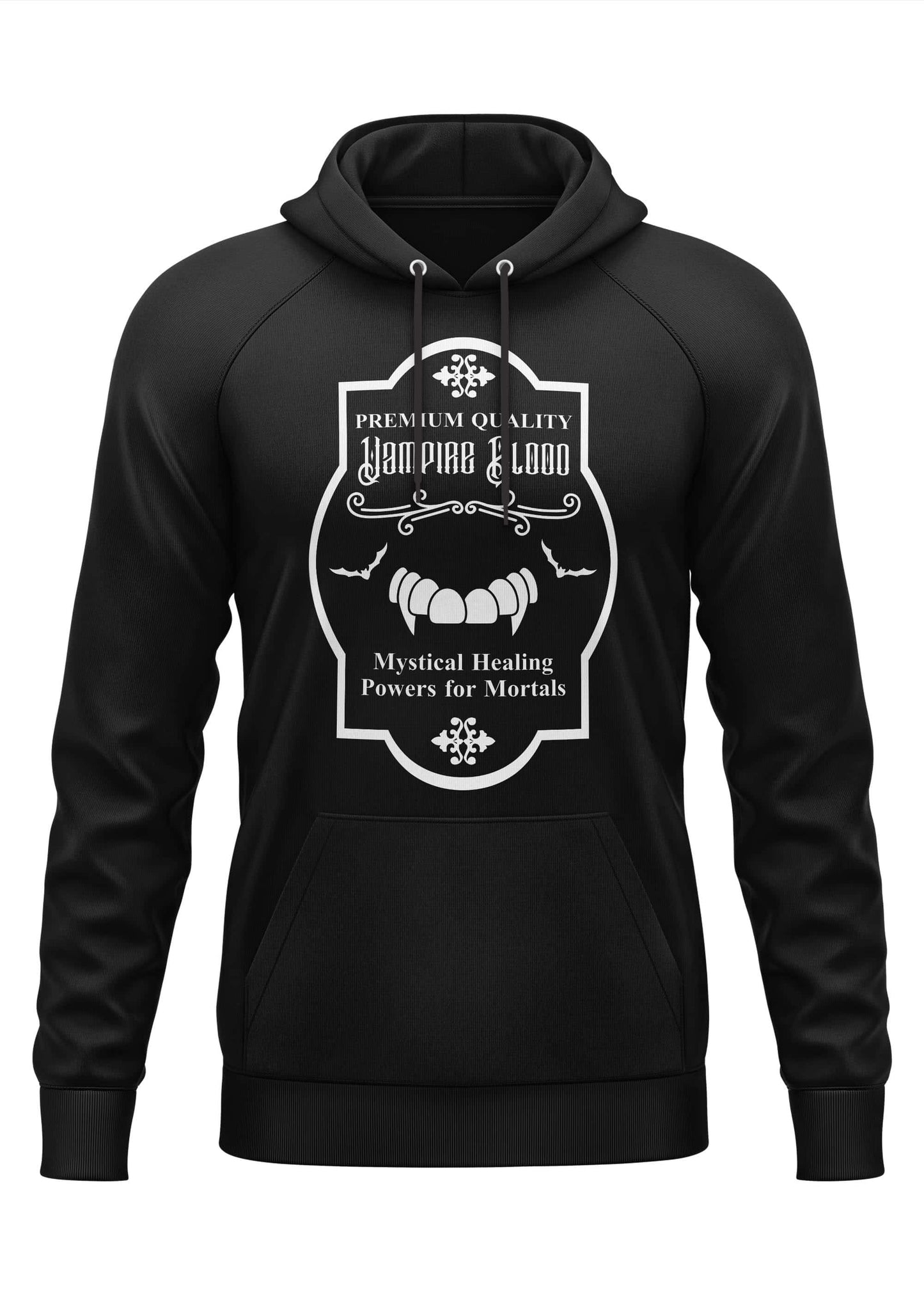 Schwarzer Gothic-Hoodie mit Vampirzähnen und Premium Quality Vampire Blood Etikett