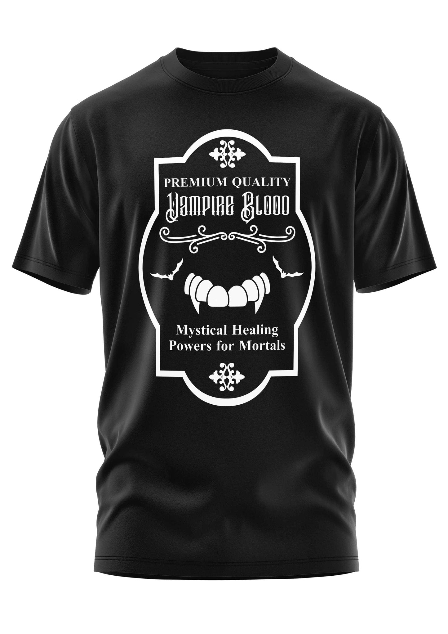 Schwarzes gothic kurzarmshirt mit weißem horrordesign vampirzähne und fledermäuse premiumqualität