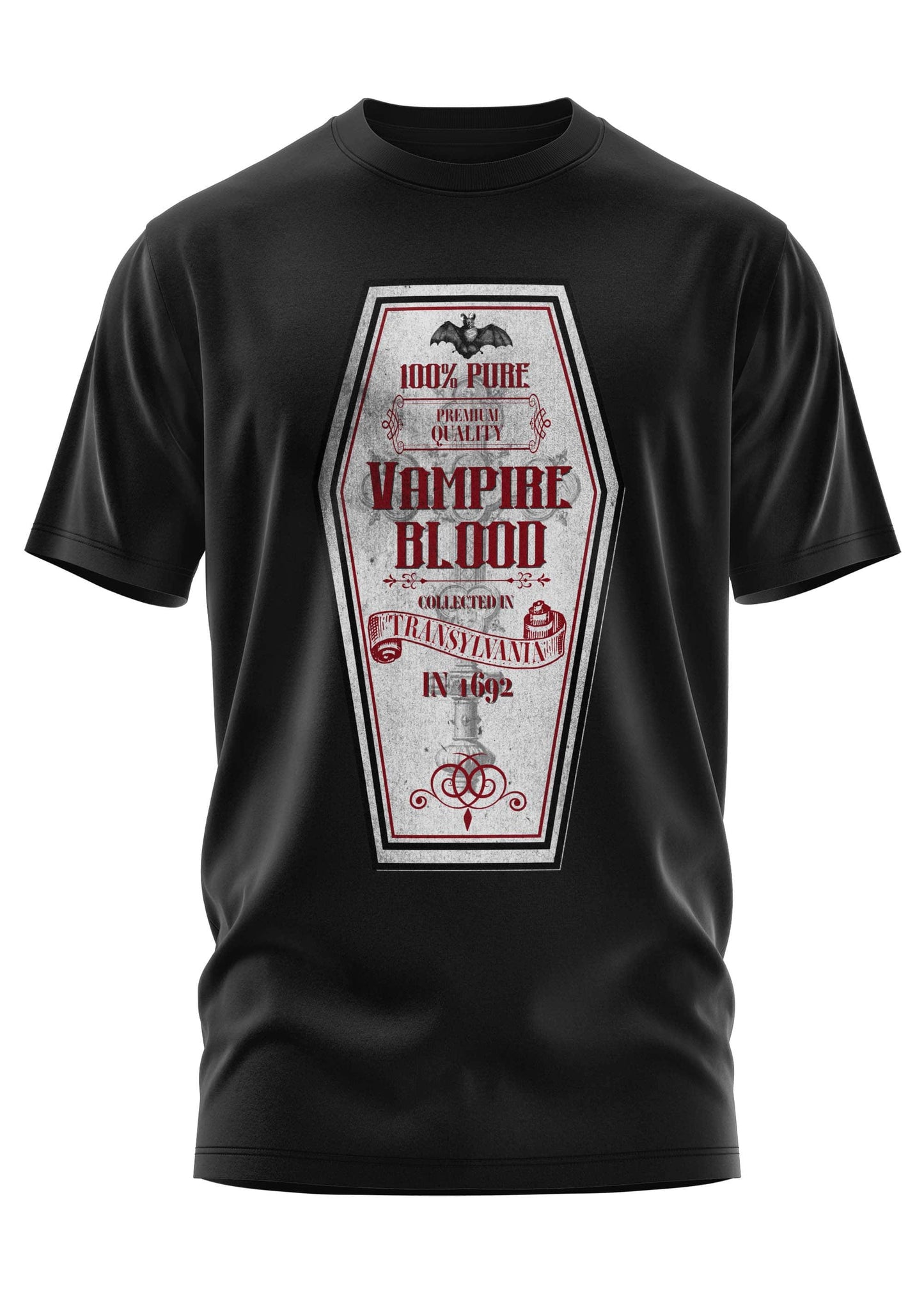 Schwarzes kurzarmshirt mit vintage-gothic sarggrafik und rotem vampire blood schriftzug für horror fans