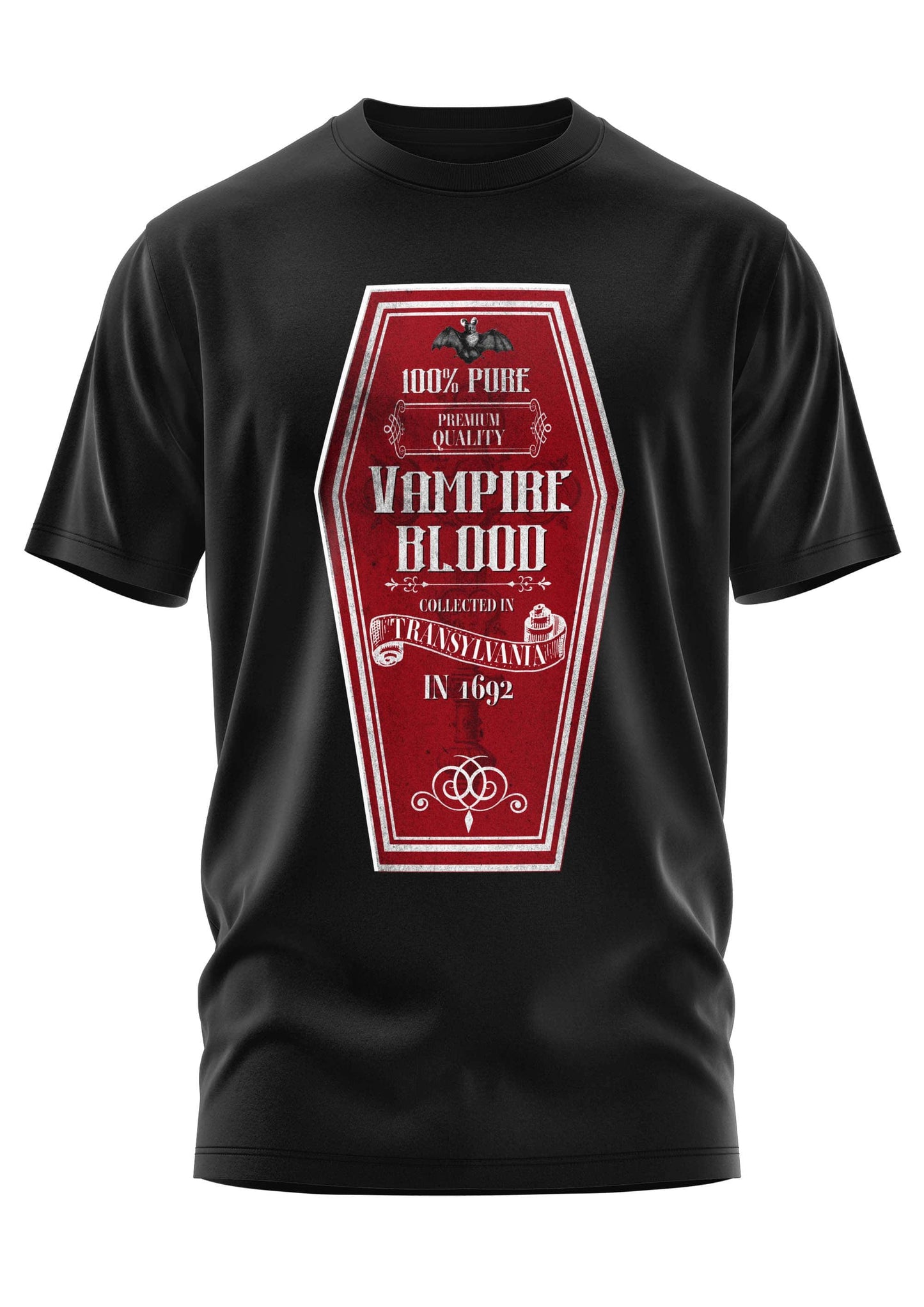 Schwarzes gothic kurzarmshirt mit rotem sarg-förmigem etikett bitte horror vampirblut aus transsilvanien 1692