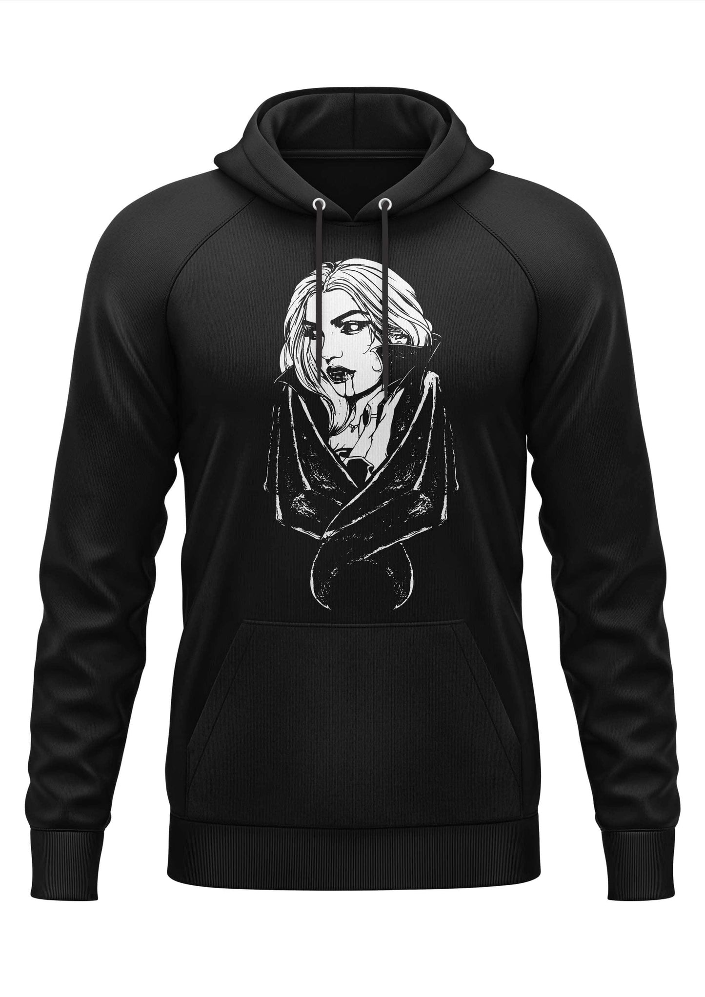Schwarzer hoodie vampire lady mit weißer line-art illustration einer gothischen weiblichen gestalt mit fließendem haar