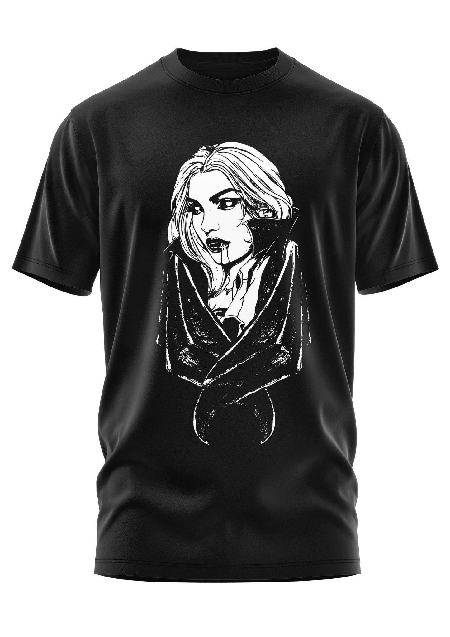 Schwarzes gothic kurzarmshirt mit weißer lineart illustration einer stilisierten vampirfrau für horror fans