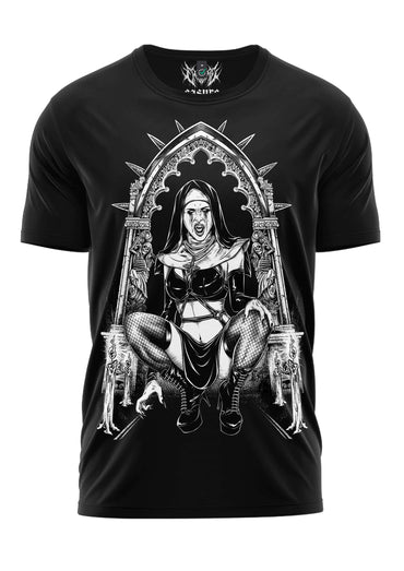 Schwarzes gothic t-shirt vampire nun mit detaillierter schwarz-weißer horror grafik einer nonne in gotischem bogen