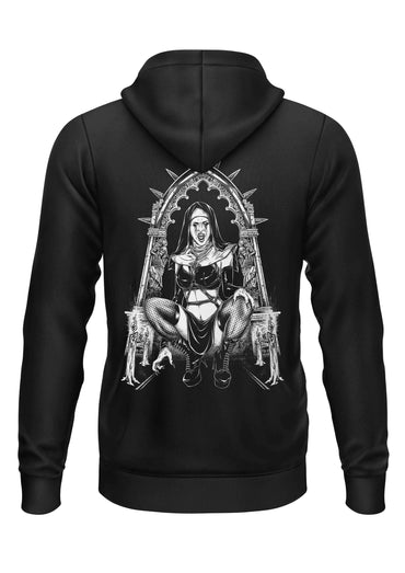 Black zip-up hoodie featuring a gothic vampire nun graphic seated on an ornate throne for horror fans