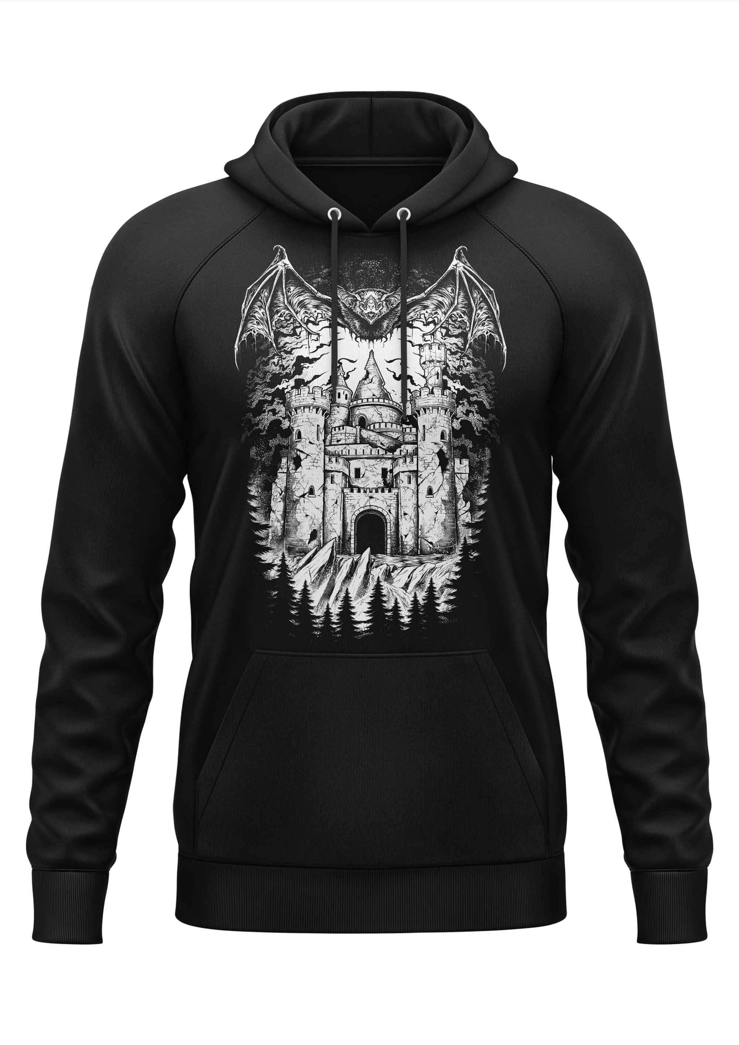 Schwarzer gothic hoodie mit detaillierter schwarz-weißer grafik eines vampirschlosses und drachenflügeln umgeben von bäumen