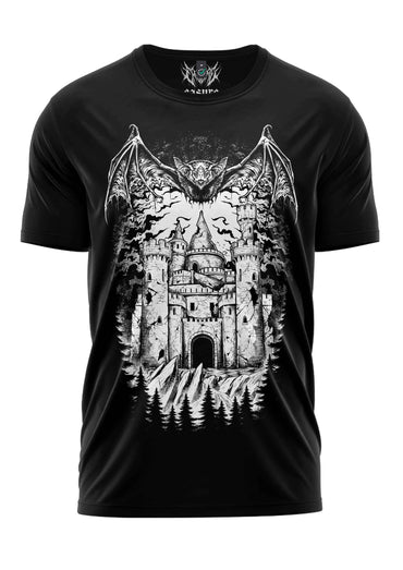 Schwarzes kurzarmshirt mit gothic horror grafik eines schlosses umgeben von fledermäusen und bäumen, vampires castle shirt