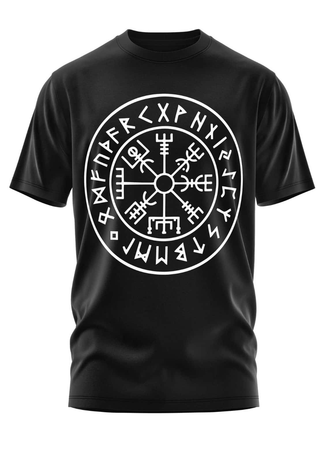 Schwarzes kurzarmshirt mit weißem vegvisir wikinger runen design gothic horror stil