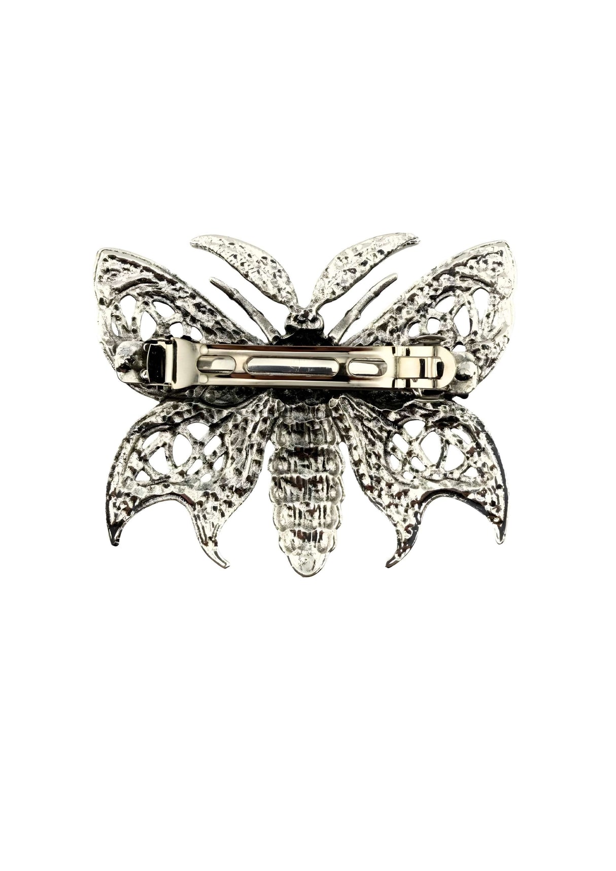 Silberne gotische Filigran-Schmetterlings-Haarspange mit Spitzenflügeln und strukturiertem Körper