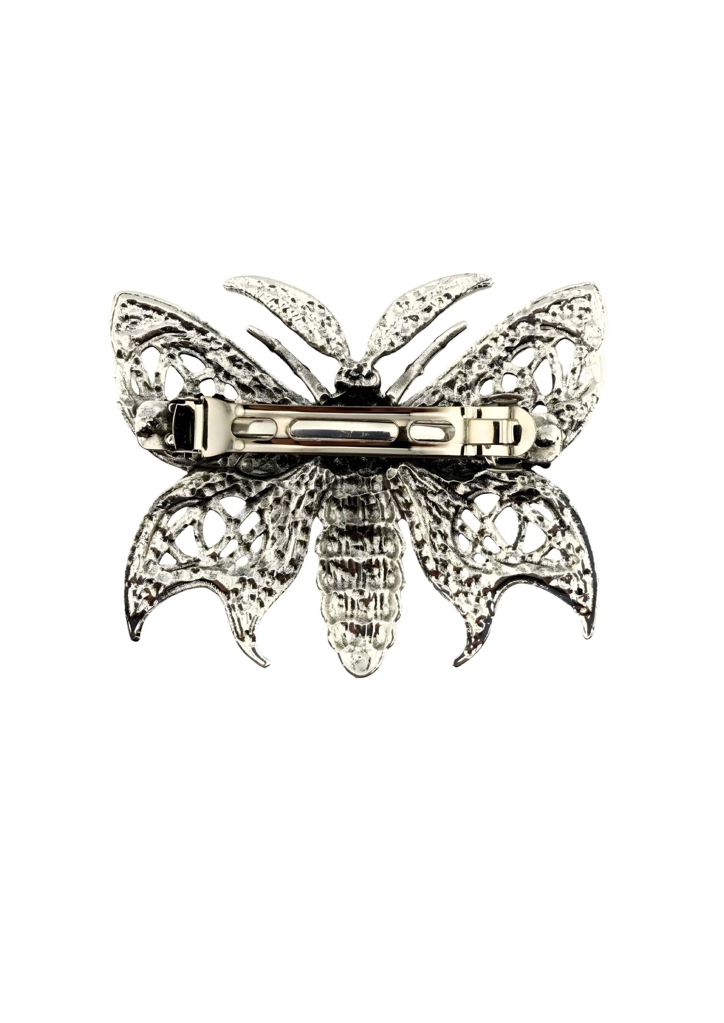 Viking moth haarklammer aus silber mit filigranen spitzenflügeln und texturiertem körper in schmetterlingsform