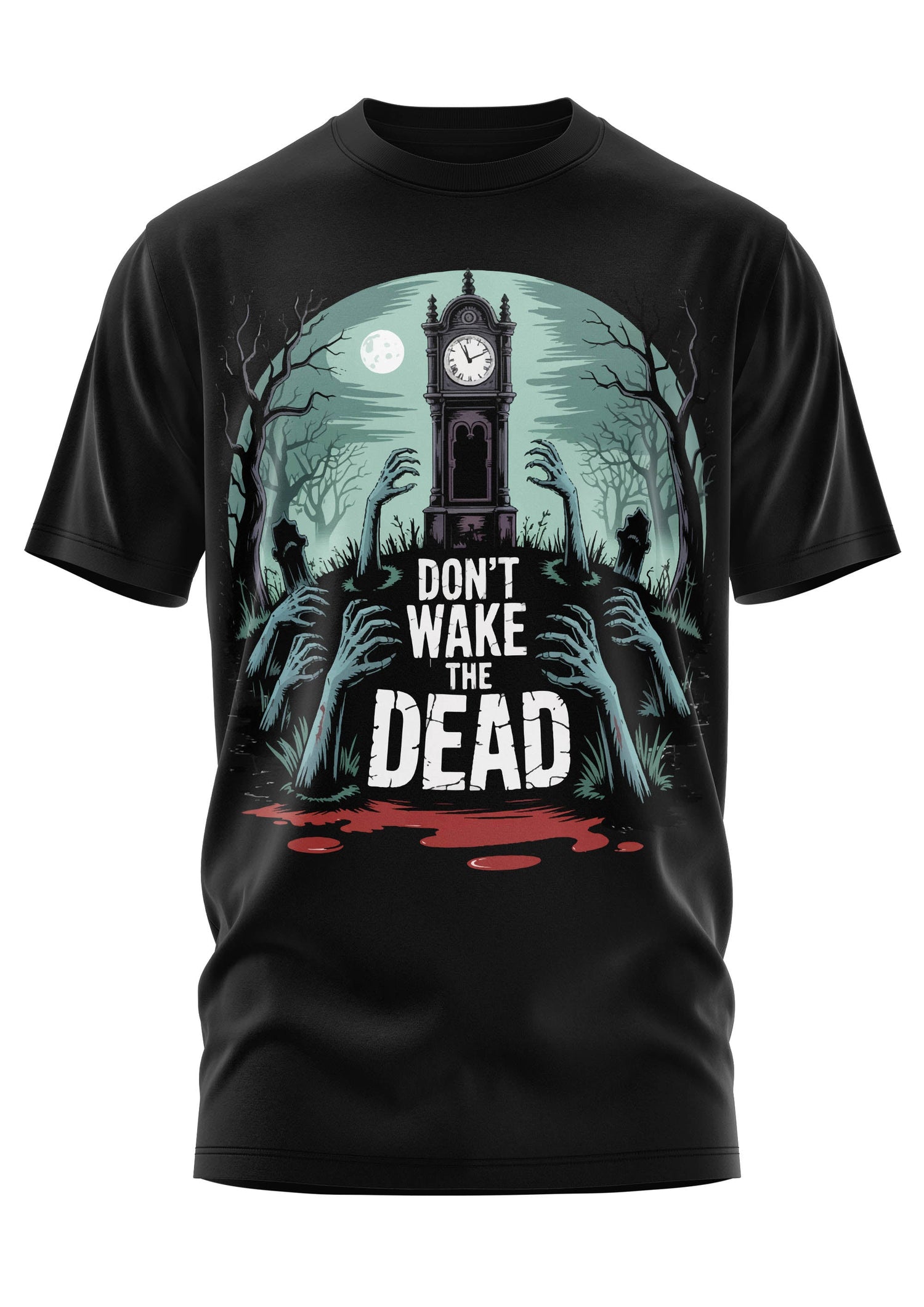 Ein schwarzes T-Shirt mit einer Horror-Grafik von Zombies, einer alten Uhr und der Aufschrift ’DON’T WAKE THE DEAD’.