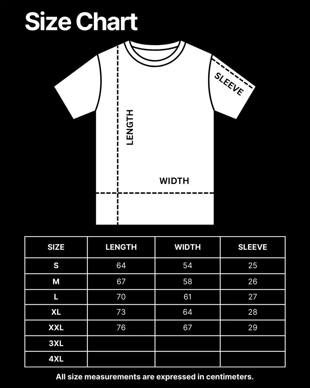 Ein Weißes T-Shirt Größentabelle mit Längen-, Breit- und Armmessungen in Zentimetern.