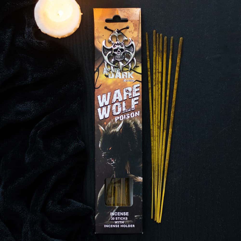 A package of werewolf poison incense sticks with a black and silver skull design with red eyes and 30 golden-brown sticks