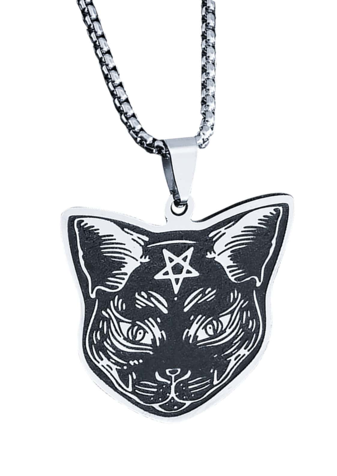 Schwarzer wicked cat halskettenanhänger mit weißem pentagramm auf der stirn an silberner kette gothic horror
