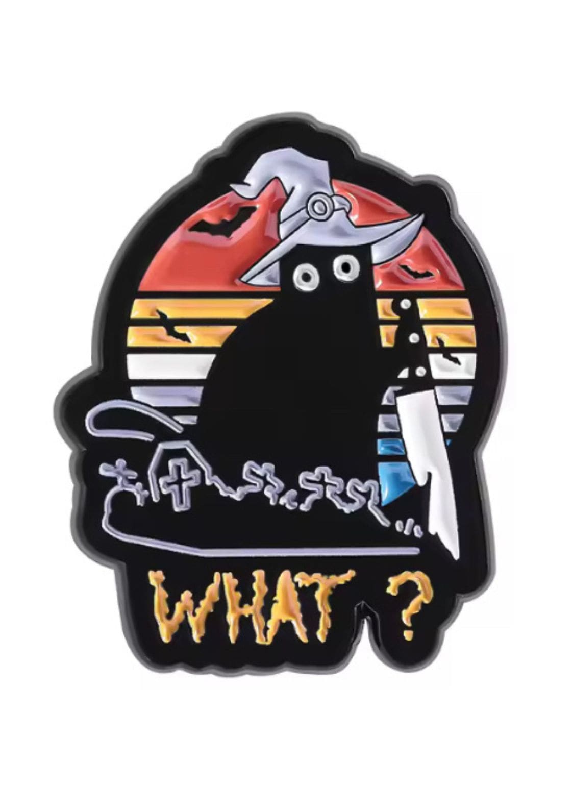 Schwarzer Rabenaufkleber mit Messermotiv und ’Was?’-Text.