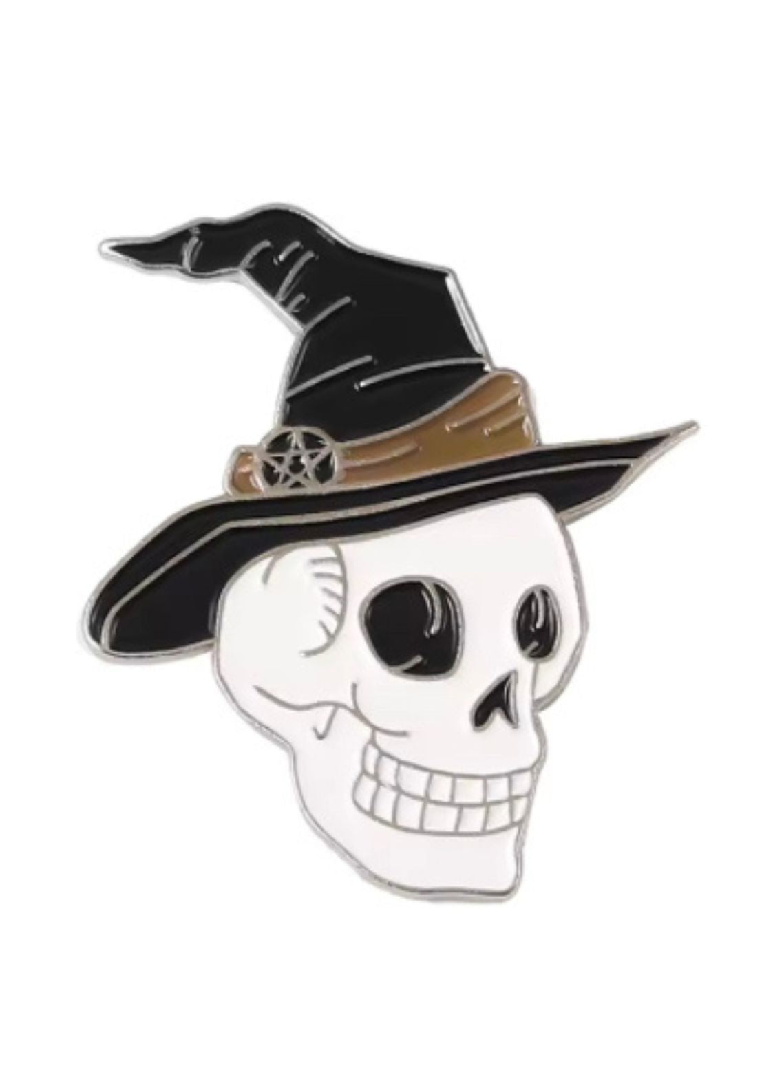Schwarzer Hexenkopf-Anstecker mit Pentagramm-Detail und spitzem Hut-Design.