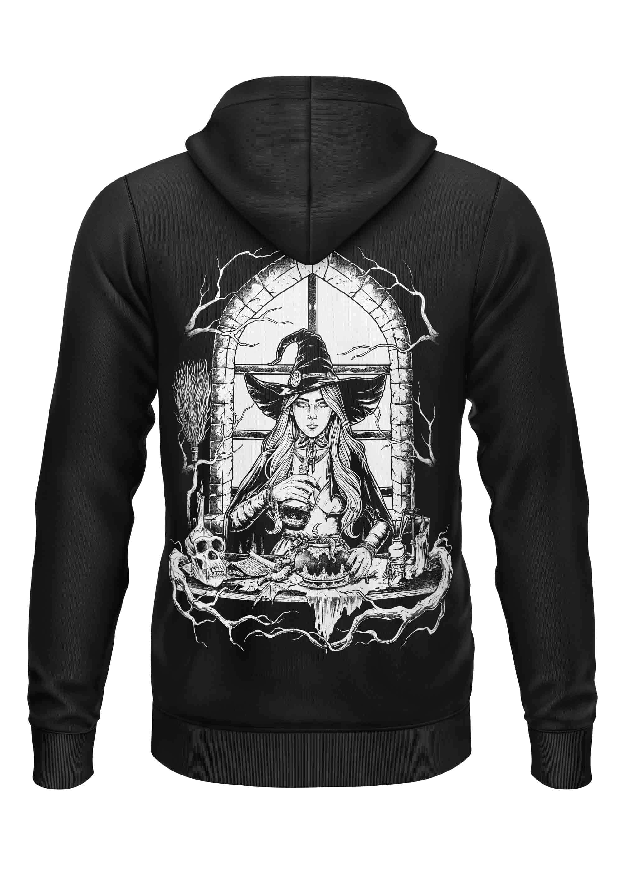 Schwarzer zip-hoodie mit eigens gestaltetes motiv einer hexe im bogenfenster mit magischen elementen gaia lizensierte kleidung