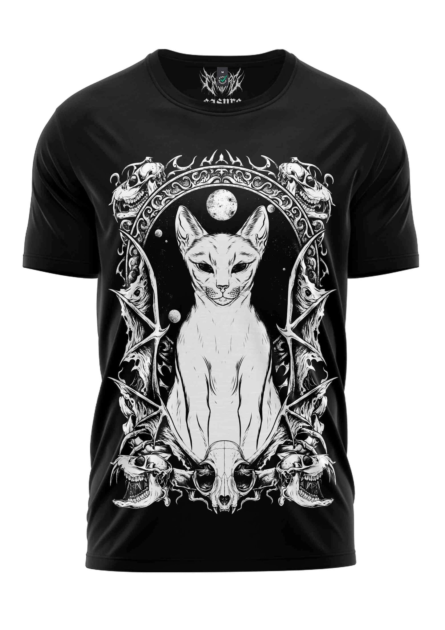 Schwarzes kurzarmshirt mit gothic horror grafik einer verzierten katze und schädeln witchers cat shirt