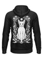Schwarzer Kapuzenpullover mit Reißverschluss und weißem Katzenmotiv und Totenköpfen