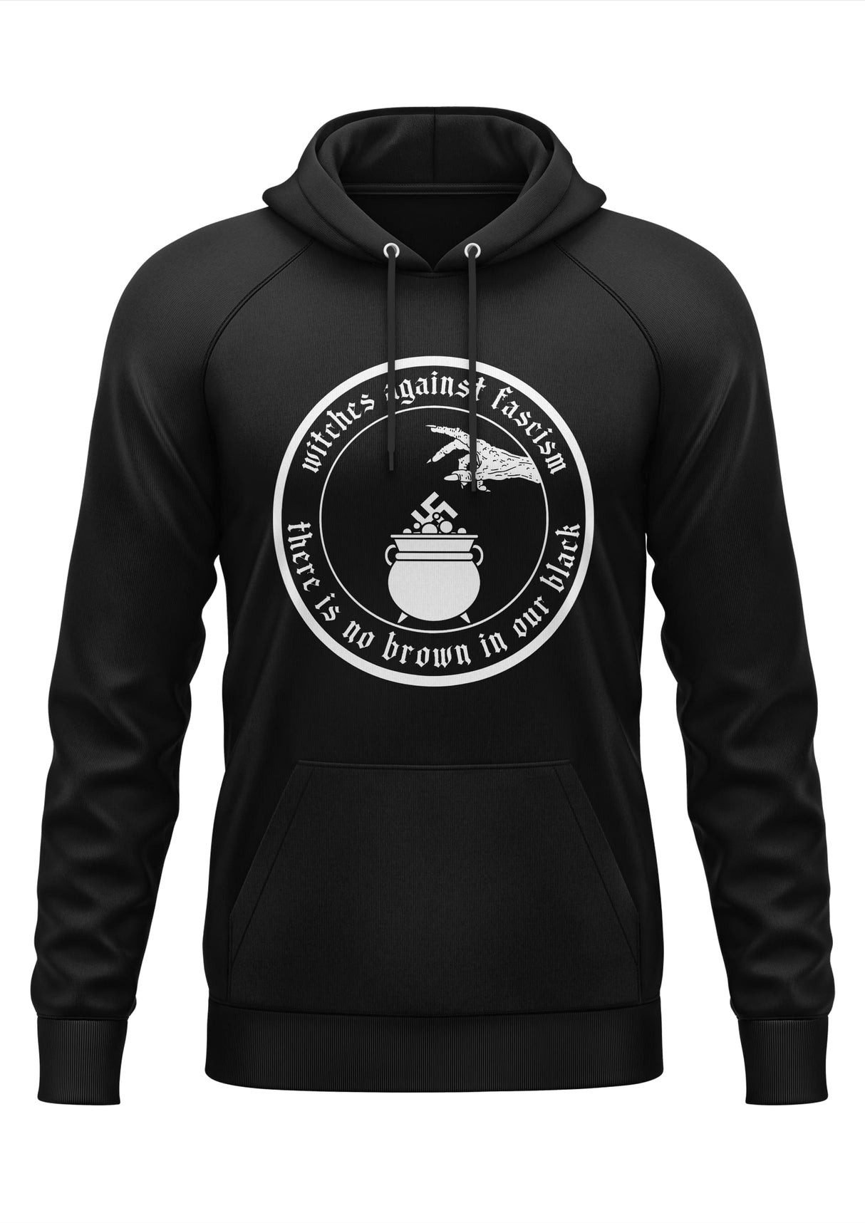 Schwarzes Hoodie mit einem weißen runden Grafikmotiv, das den Text »Hexen gegen Faschismus« und »es gibt kein Braun in unserem Schwarz« zeigt, mit einer Eule über einem Kessel.