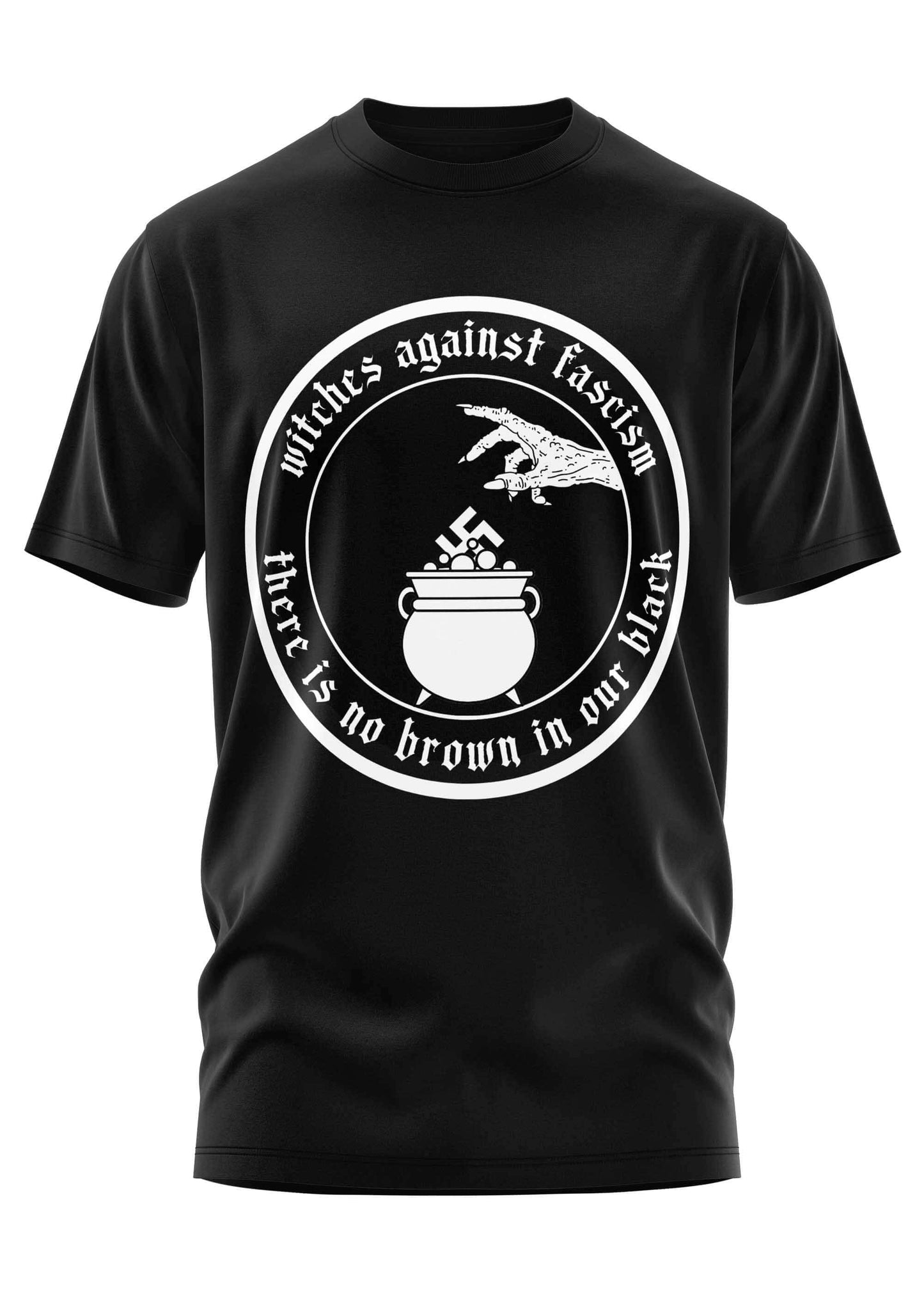 Schwarzes cotton t-shirt mit weißem kreisgrafik hand über kessel und texte witches gegen faschismus langlebiger digitaldruck gaia lizenzierte bekleidung