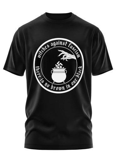 Schwarzes kurzarmshirt witches gegen faschismus mit weißem rundem grafikdruck hand über kessel langlebiger digitaldruck gaia lizenzierte bekleidung