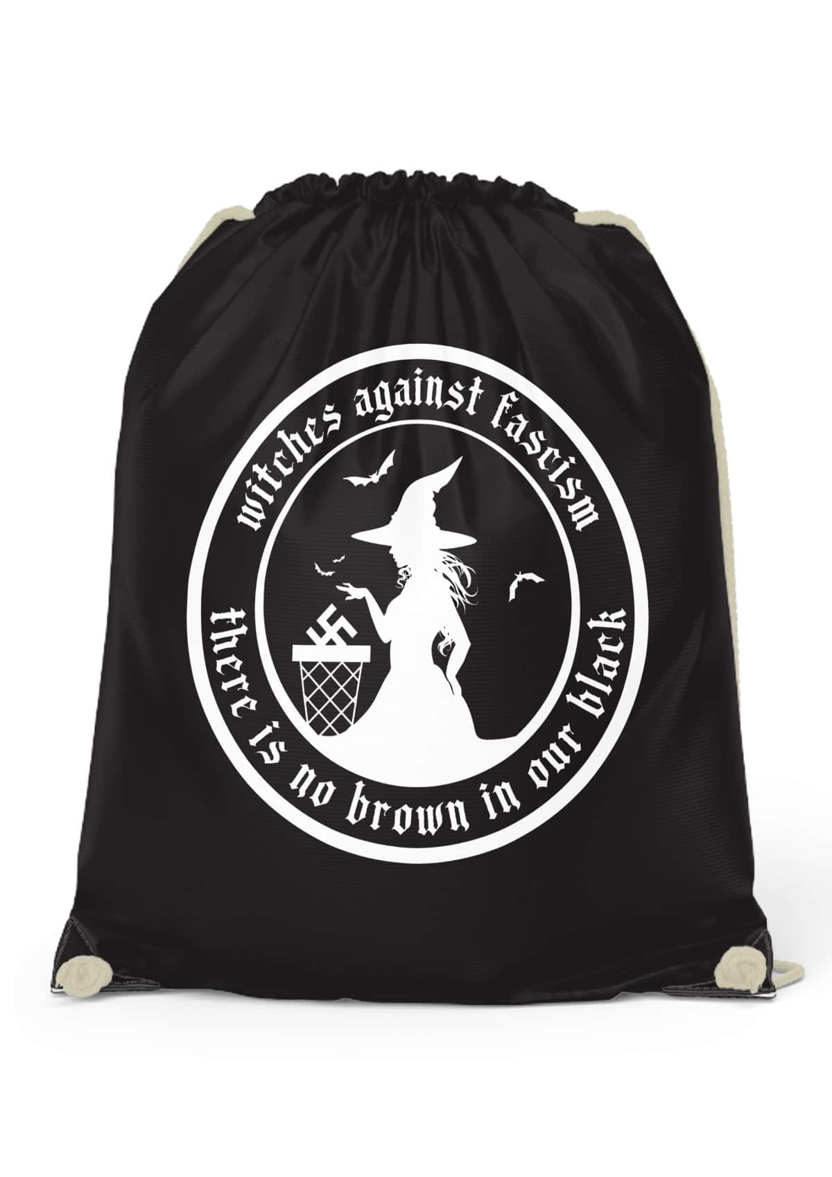 Schwarze gym tasche mit hexensilhouette und text witches against fascism aus lizenzierte bekleidung ltd