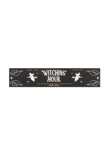Schwarze rechteckige box mit witching hour weißen salbei räucherstäbchen und weißen hexen silhouetten für gothic rituals
