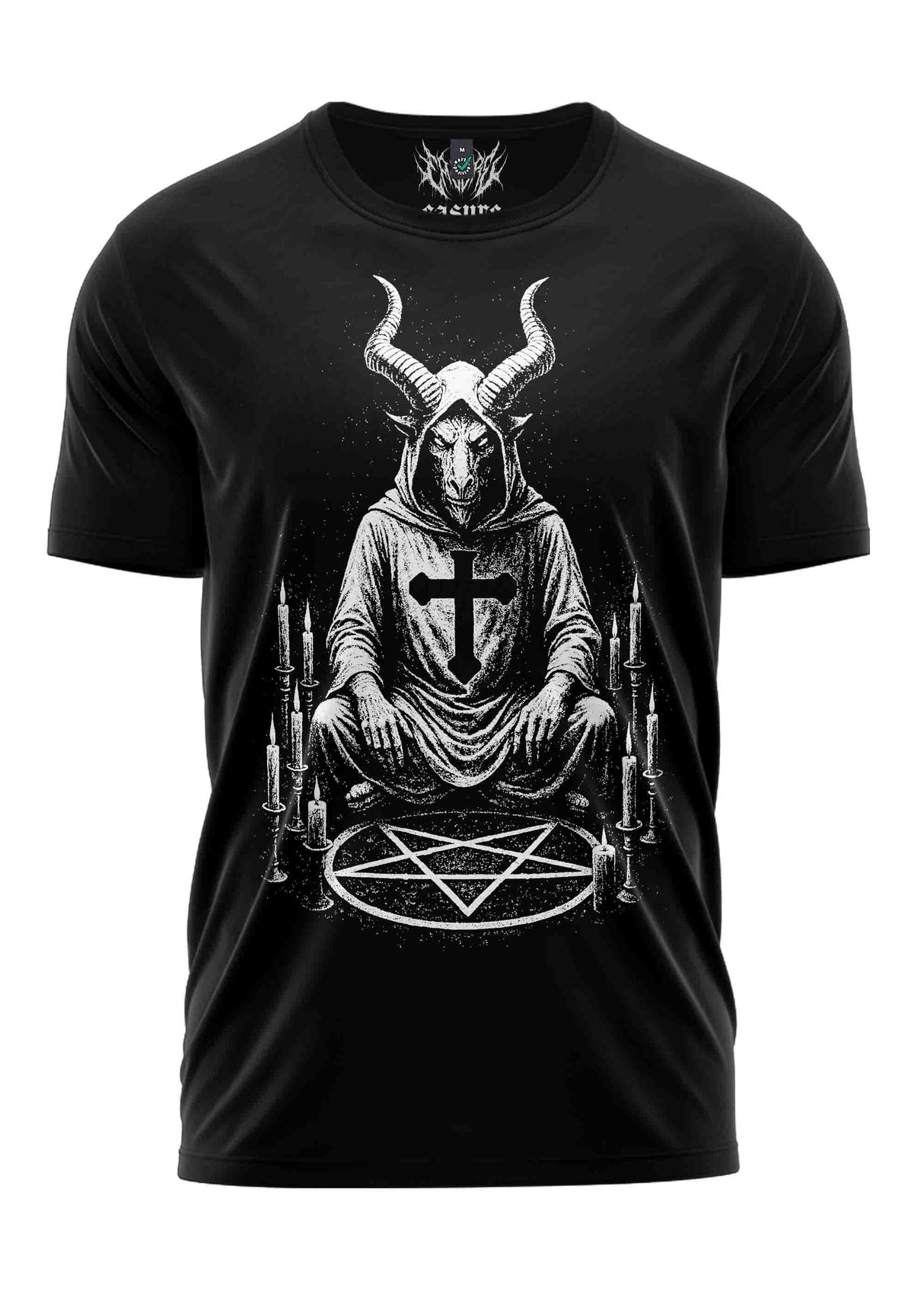 Schwarzes T-Shirt mit weißem Ziegenkopf-Design und Pentagramm.